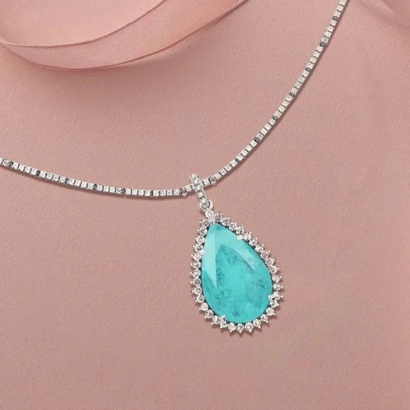 Gorgeous Halo Pear Cut Lake Blue Sapphire Pendant Necklace - Picture 2 of 4